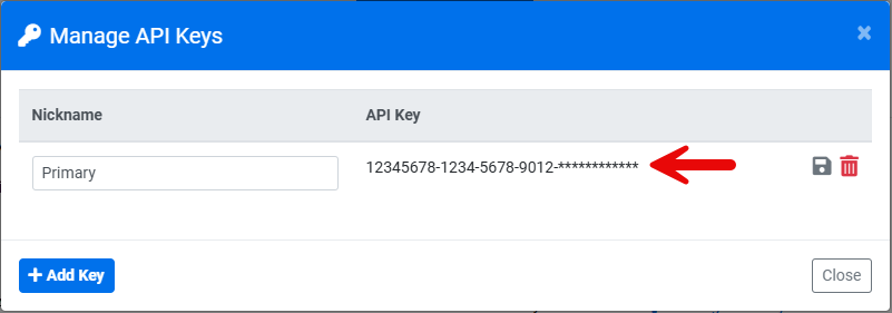 Manage API Keys window