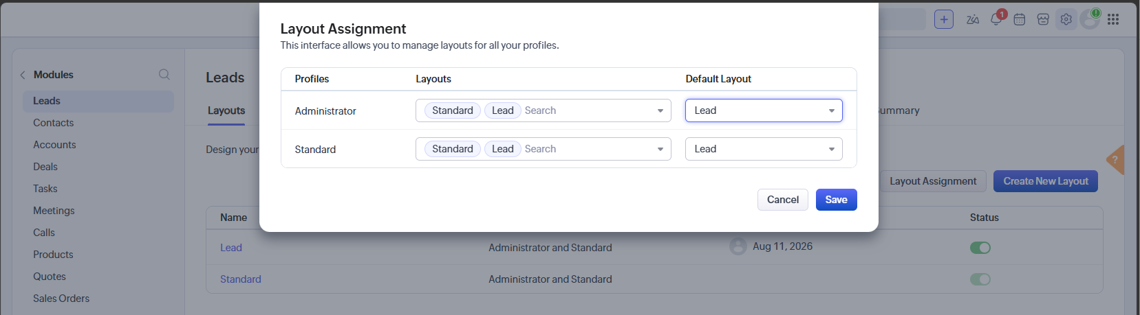 Layout Assignment screen mapping profiles to the custom Phone Validator layout