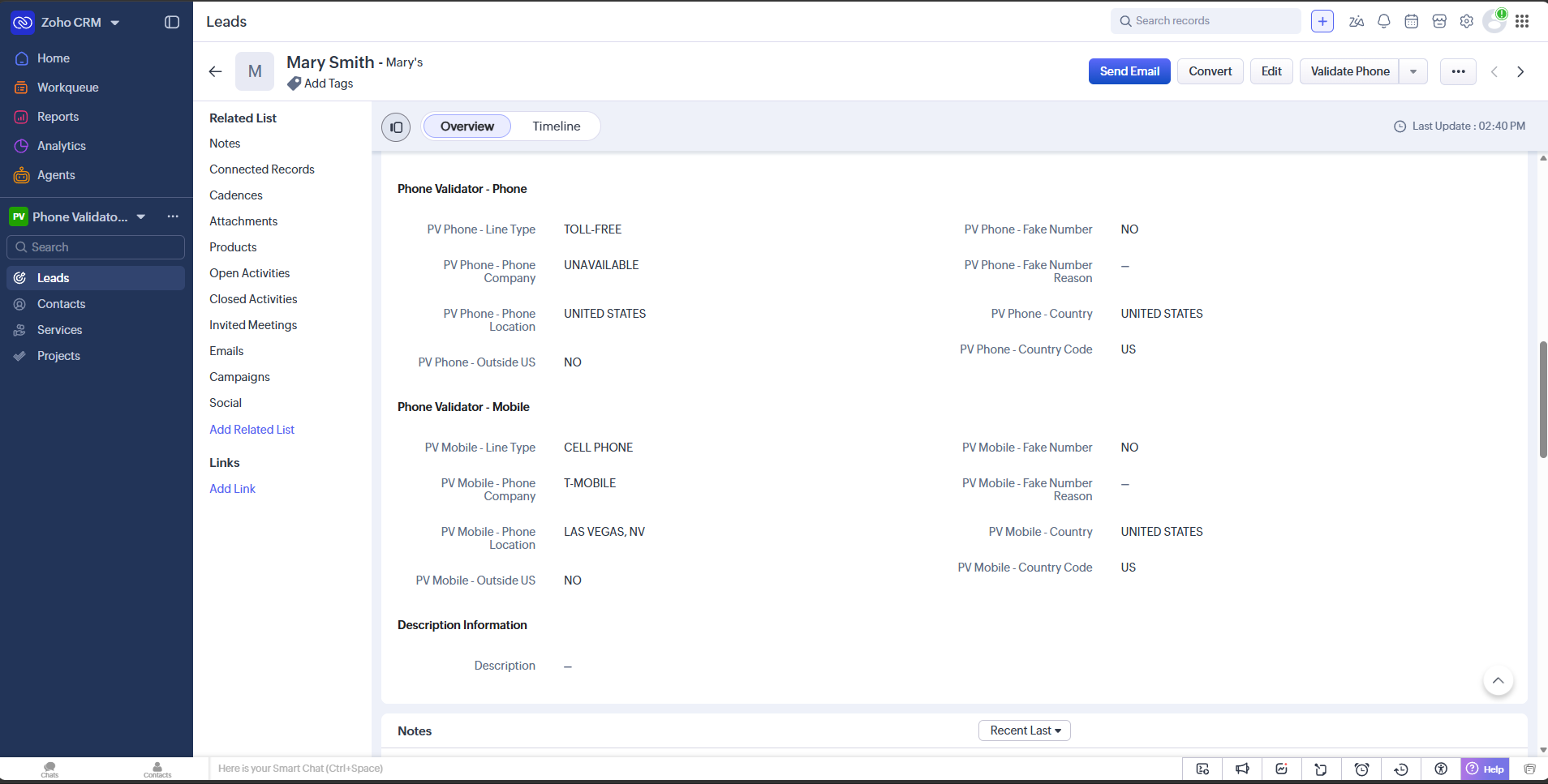 Lead record showing populated Phone Validator - Phone and Phone Validator - Mobile field sections after clicking Validate Phone
