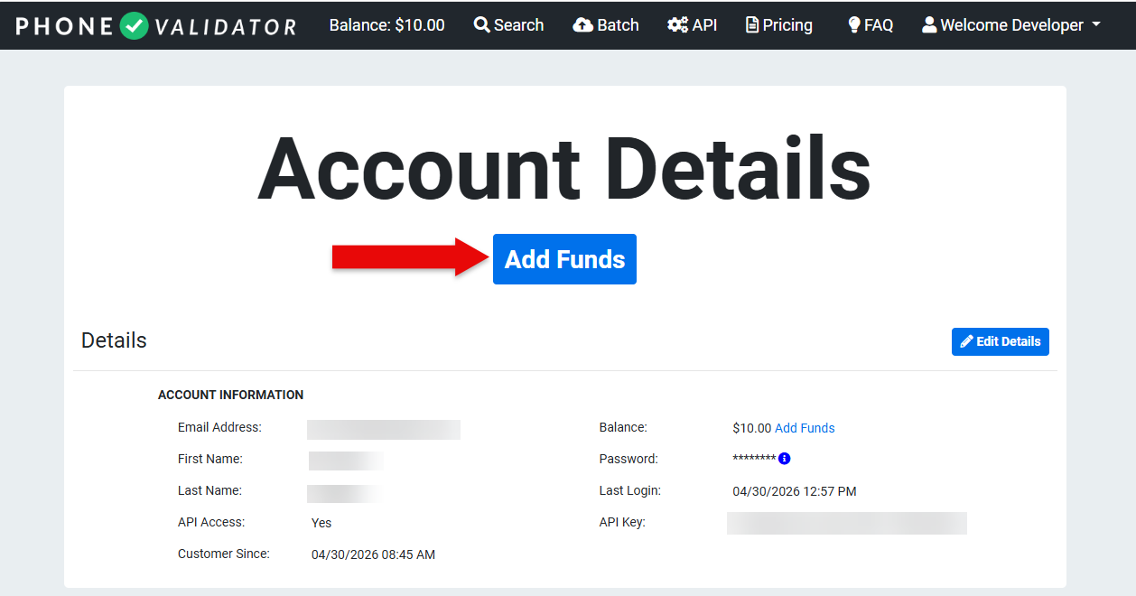 Account Details - Add Funds