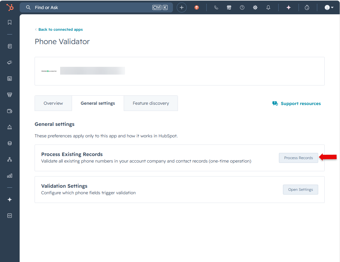Process Existing Records button in HubSpot