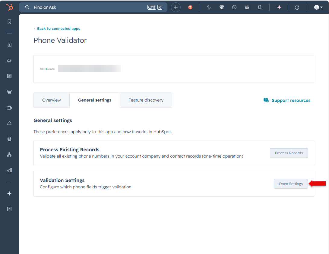 Phone Validator General Settings in HubSpot