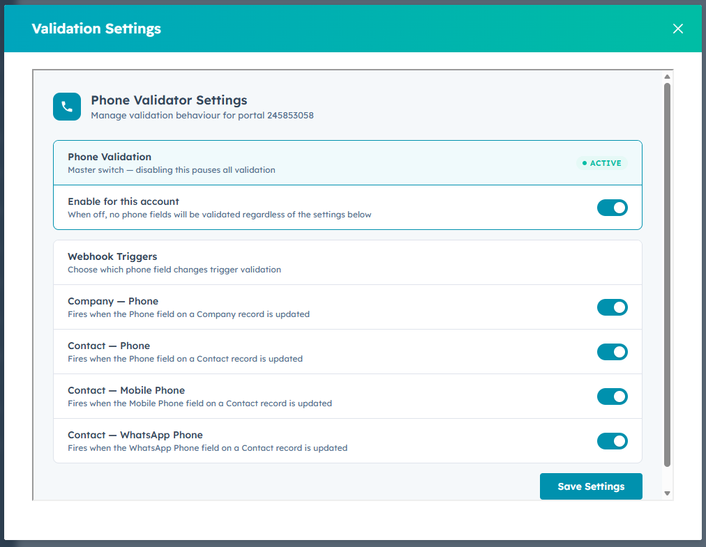 Phone Validator Validation Settings
