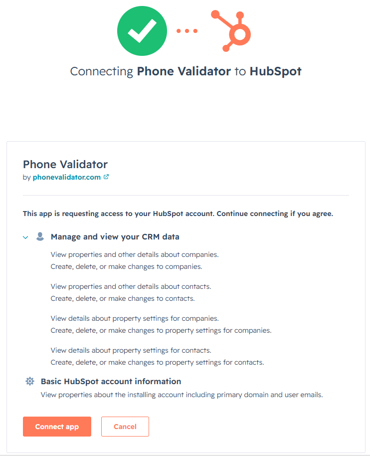 HubSpot app permissions screen