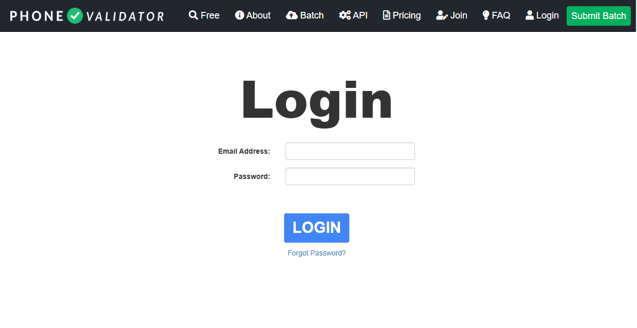 Phone Validator login screen
