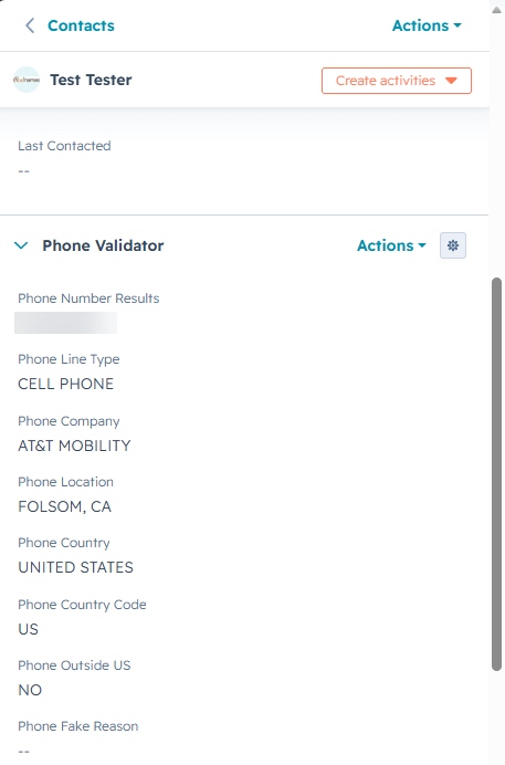 Phone number validation results